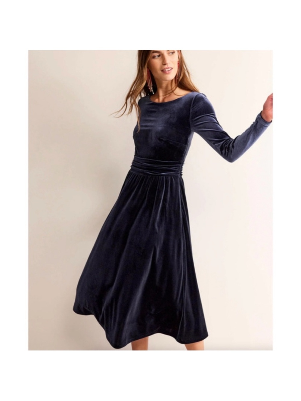 Boden - Lois Navy Velvet Ruched Waist Midi Dress